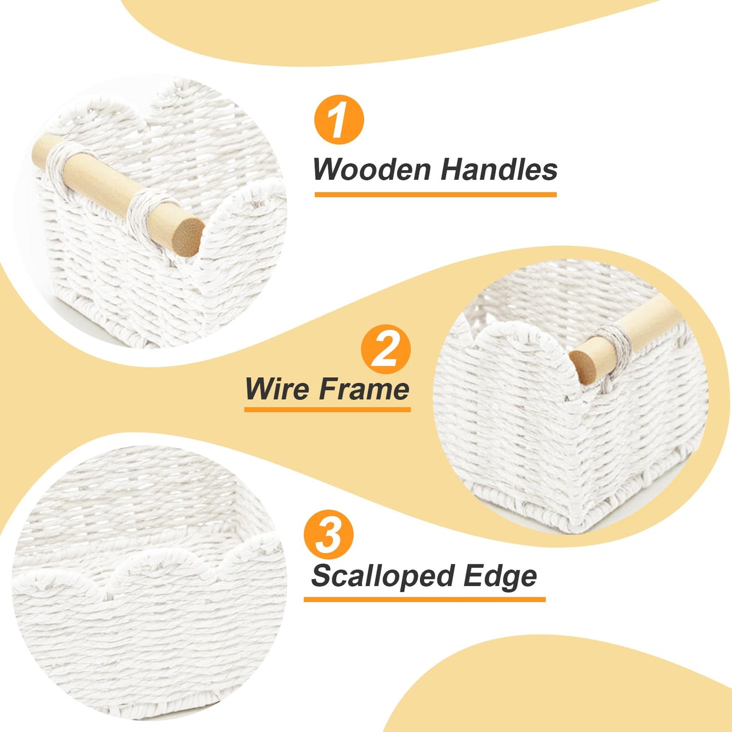 Yiomxhi 2 Pcs Wicker Storage Baskets, Woven Organizer Bins with Wooden Handles, Rope Scalloped Edge Toilet Paper Baskets for Bathroom, Shelf, Kitchen