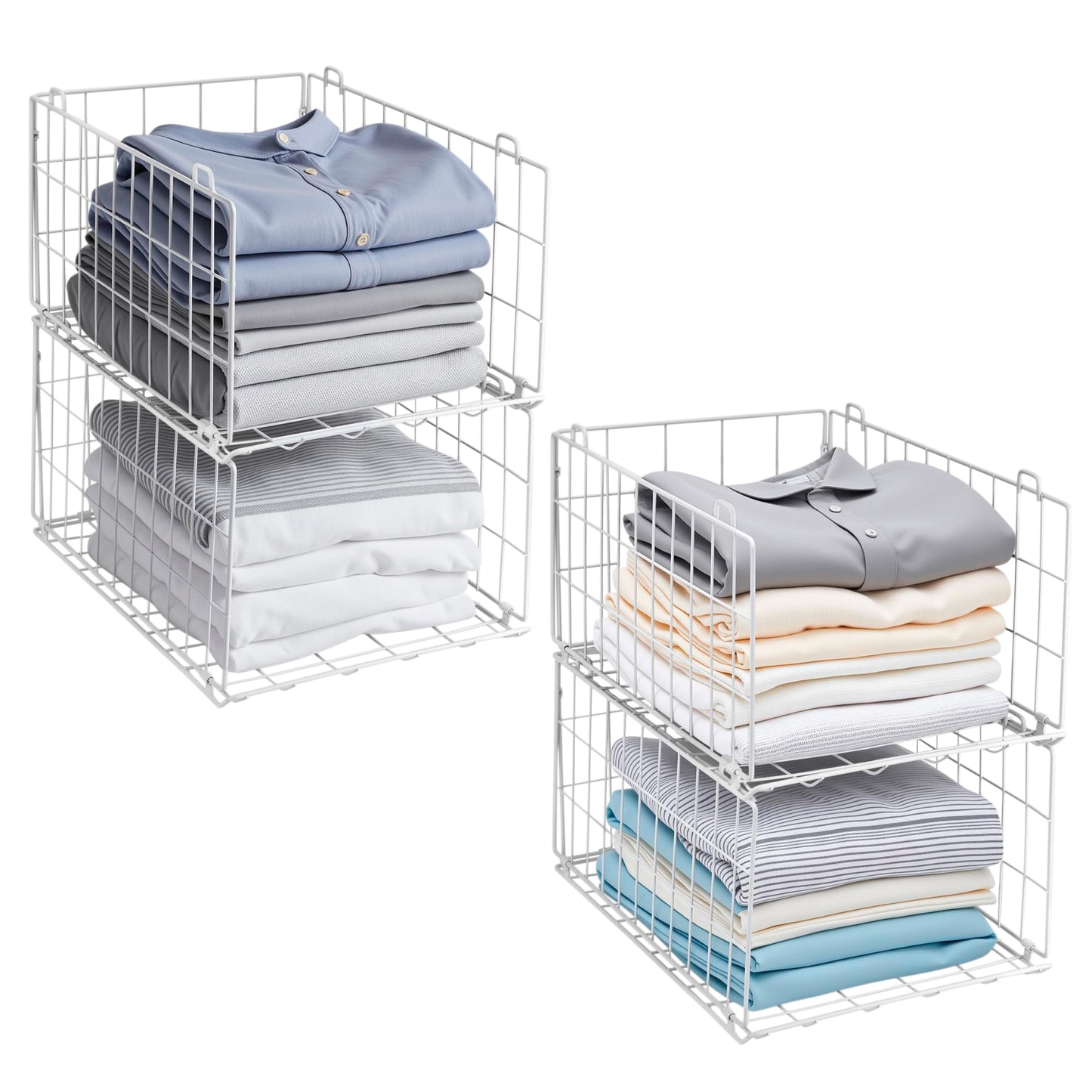 QIWODE Stackable Wardrobe Storage Organiser, Set of 4 Metal Wire Clothes Storage Baskets, Closet Organiser & Shelf Baskets for Bedroom, Pantry