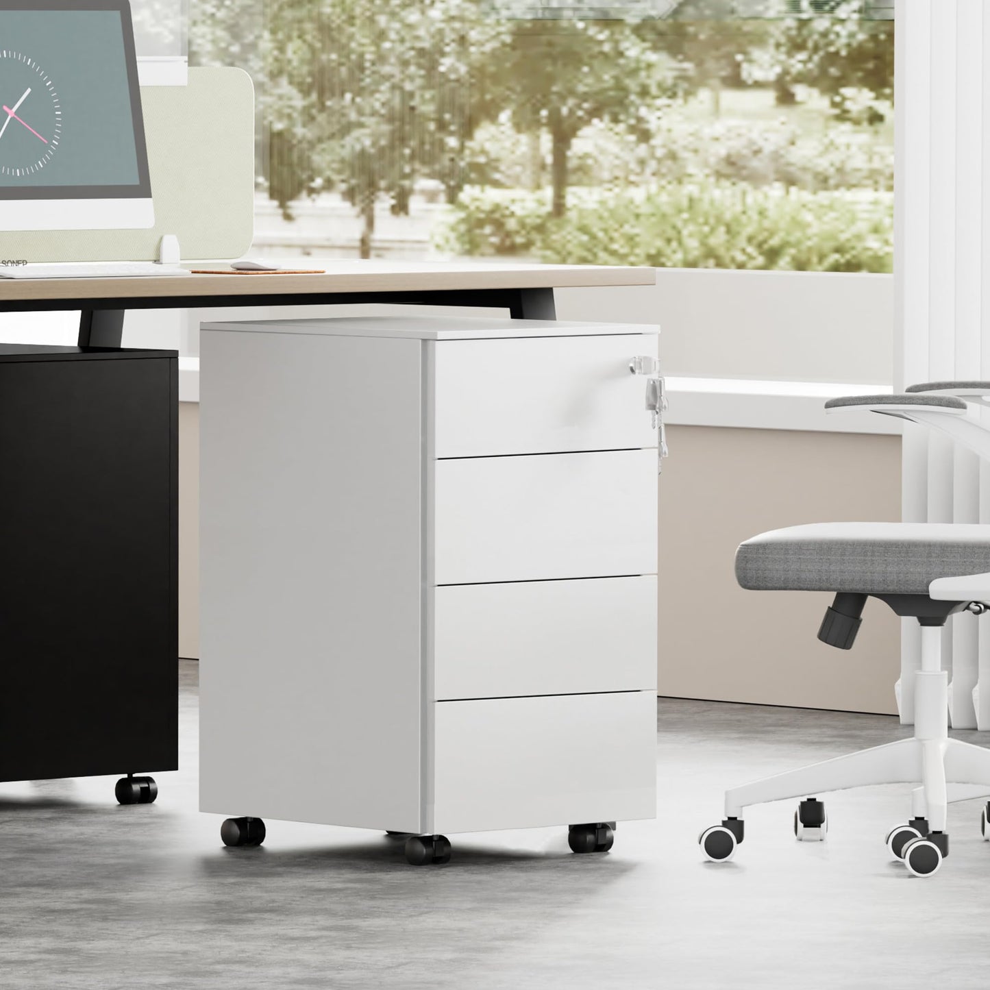 HOMSTEEL Mobile File Ccabinet, Filing Cabinet with 1 Lock, 4 Keys, 4 Drawers, Metal Cabinet, Pre-assembled, for Office, Home Office, White