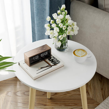 APICIZON Round Side Table, White Wooden Bedside Table with Reinforced Metal Leg Connectors, Small End Table for Living Room, Bedroom and Small Spaces