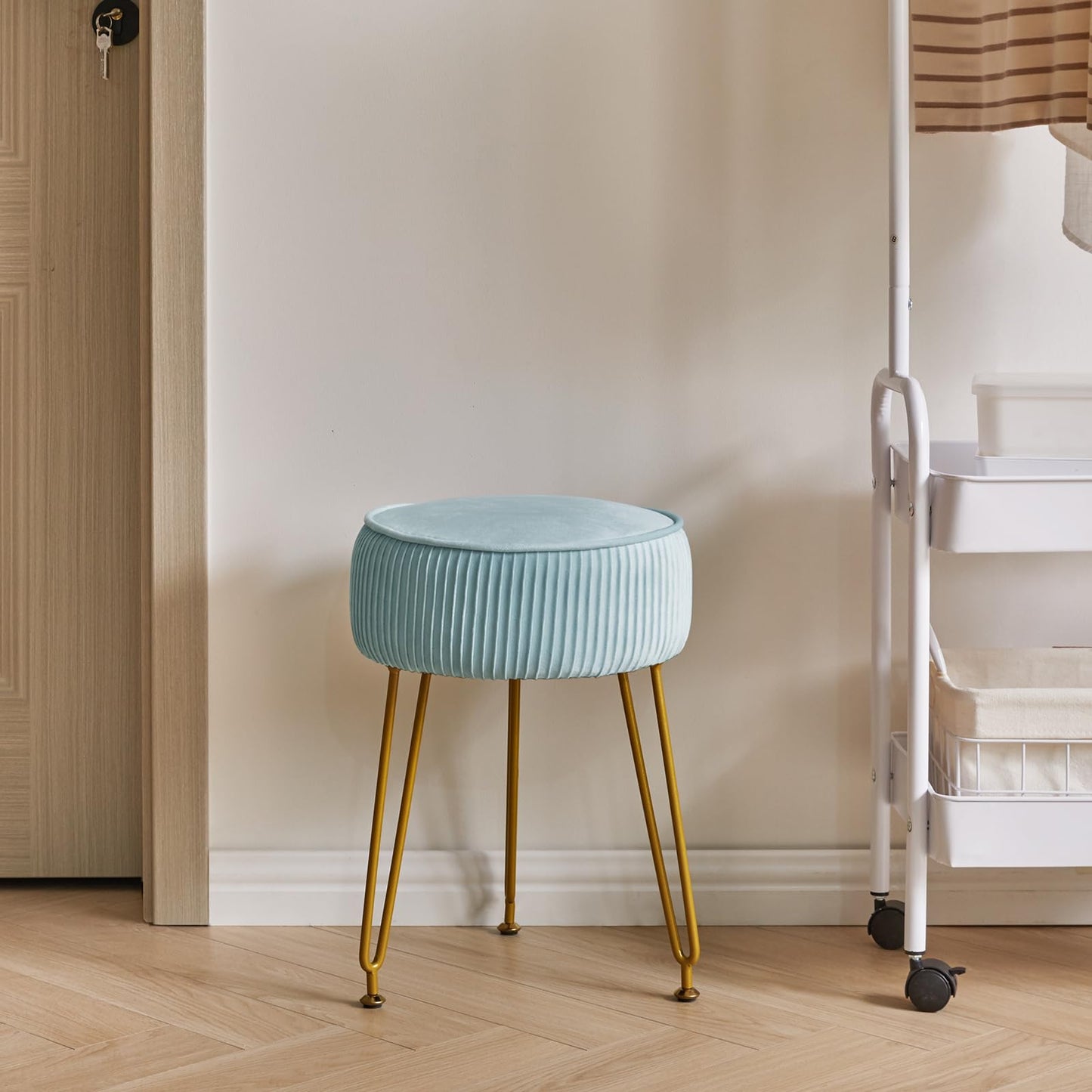 IBUYKE Makeup Vanity Stool, Velvet Round Footrest Ottoman, Blue L/G-30H