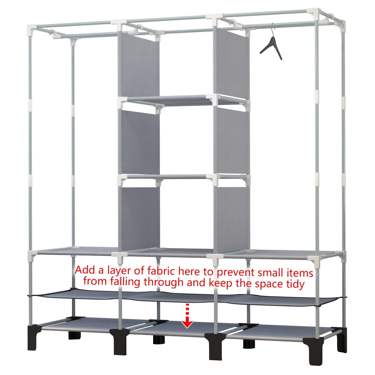 chunyangjingpin Portable Closet with 2 Hanging Rails & 8 Shelves, Bedroom Wardrobe with 18 Side Pockets, Foldable Garment Organiser (Grey)