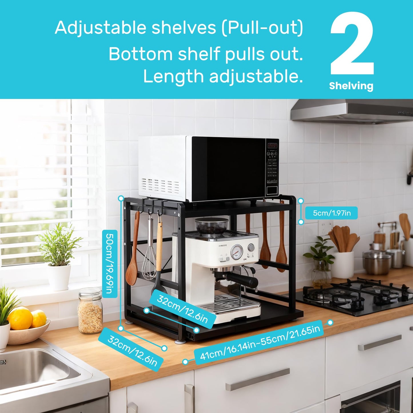 SnagShill 2-Tier Microwave Rack - Height Adjustable & Extendable Kitchen Shelf with Drawer - Includes Hooks & Reinforcement Suction Cups