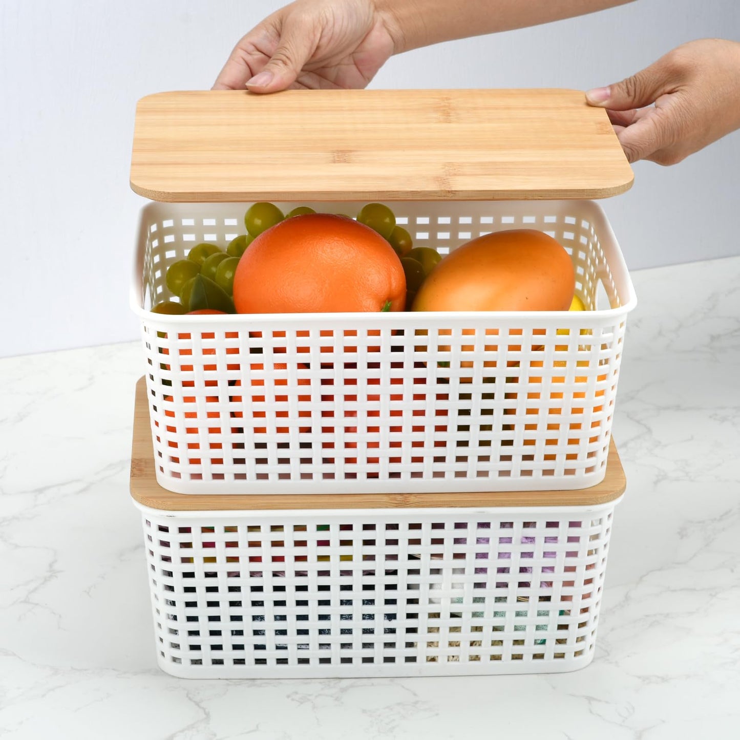 LYHLYA Stackable Storage Bins with Bamboo Lids, 6-Pack, BPA-Free Plastic, 5.1 Qt Capacity, Side Handle, 10x7.2x4.13 Inch, for Home Organization