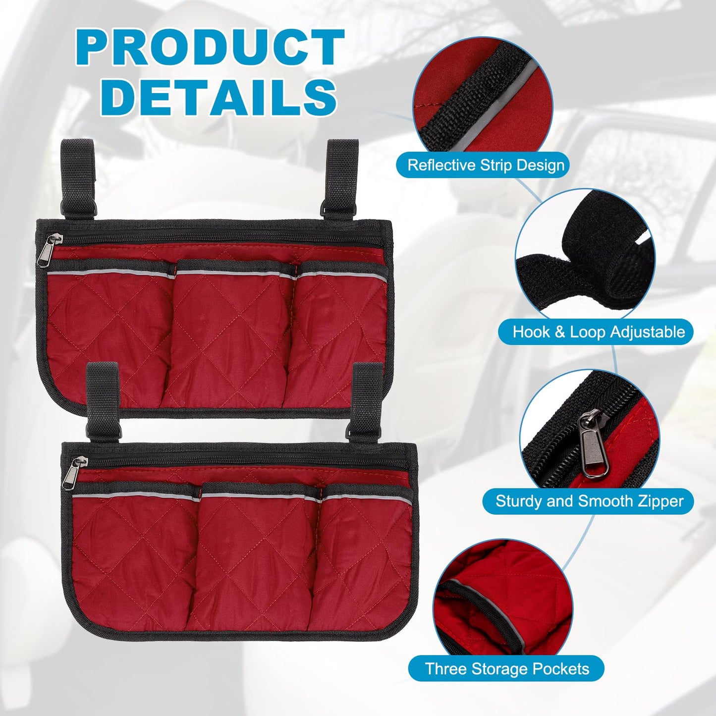 YELARXI Beach Chair Armrest Bag, Beach Side Bag Hanging Storage Organizer with Reflective 4 Pockets Waterproof Pouch 13 x 7" & 2Pcs & Red - Fit for