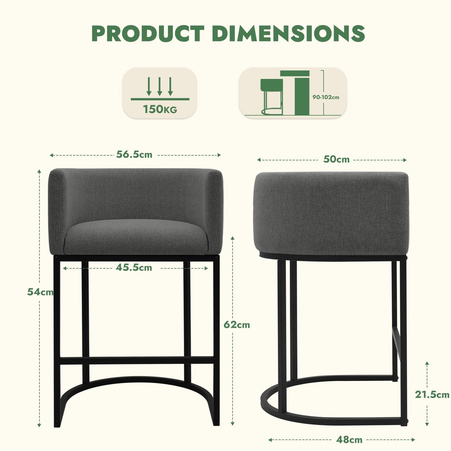 KRAMZMING Counter Height Bar Stools Set of 2, 24 Inch Linen, Carbon Black