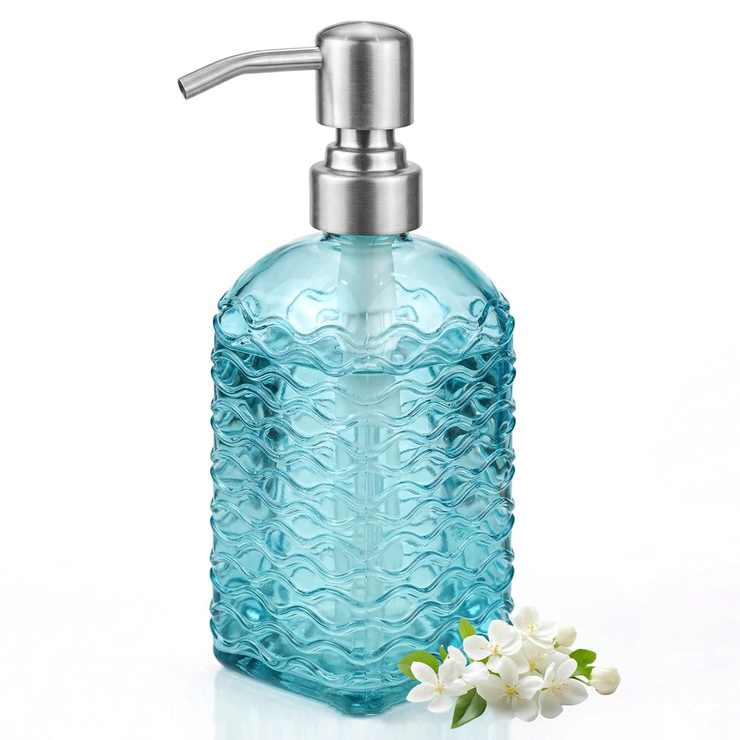Glass Soap Dispenser Blue - 400ml Hand Soap Dispenser with Stainless Steel Pump Ripple Square Liquid Hand Jar Refillable Glass Bottle for Bathroom
