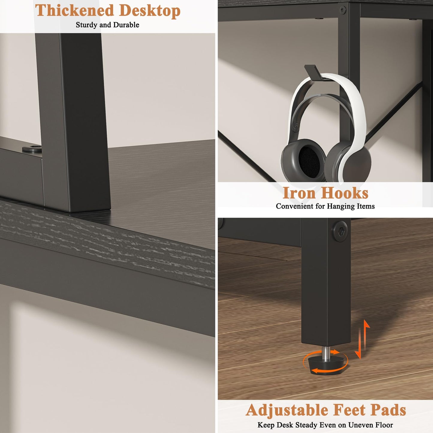 Feonase Industrial-Style Computer Desk with 3-Tier Wall-Mounted Shelf & 3 Fabric Drawers – MDF Desktop for Home Office, Study & Organization, Balck