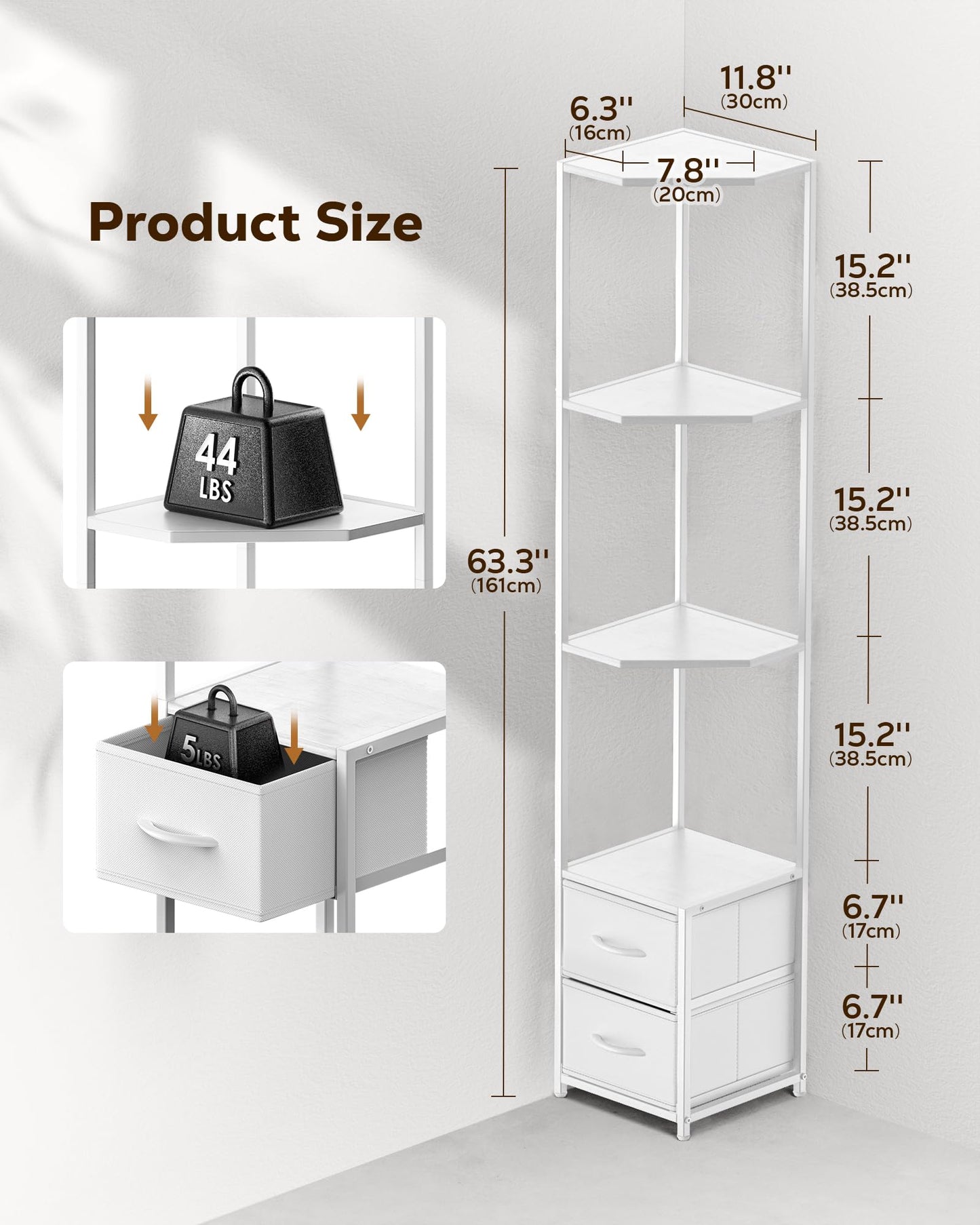 Housolution 6 Tier Corner Shelf Stand with Storage and Fabric Drawers,White