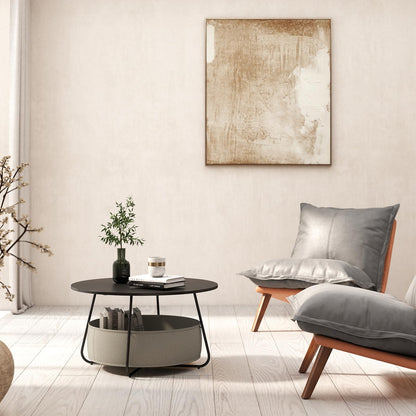 Manora Round Coffee Table Black Walnut with Storage Fabric Basket