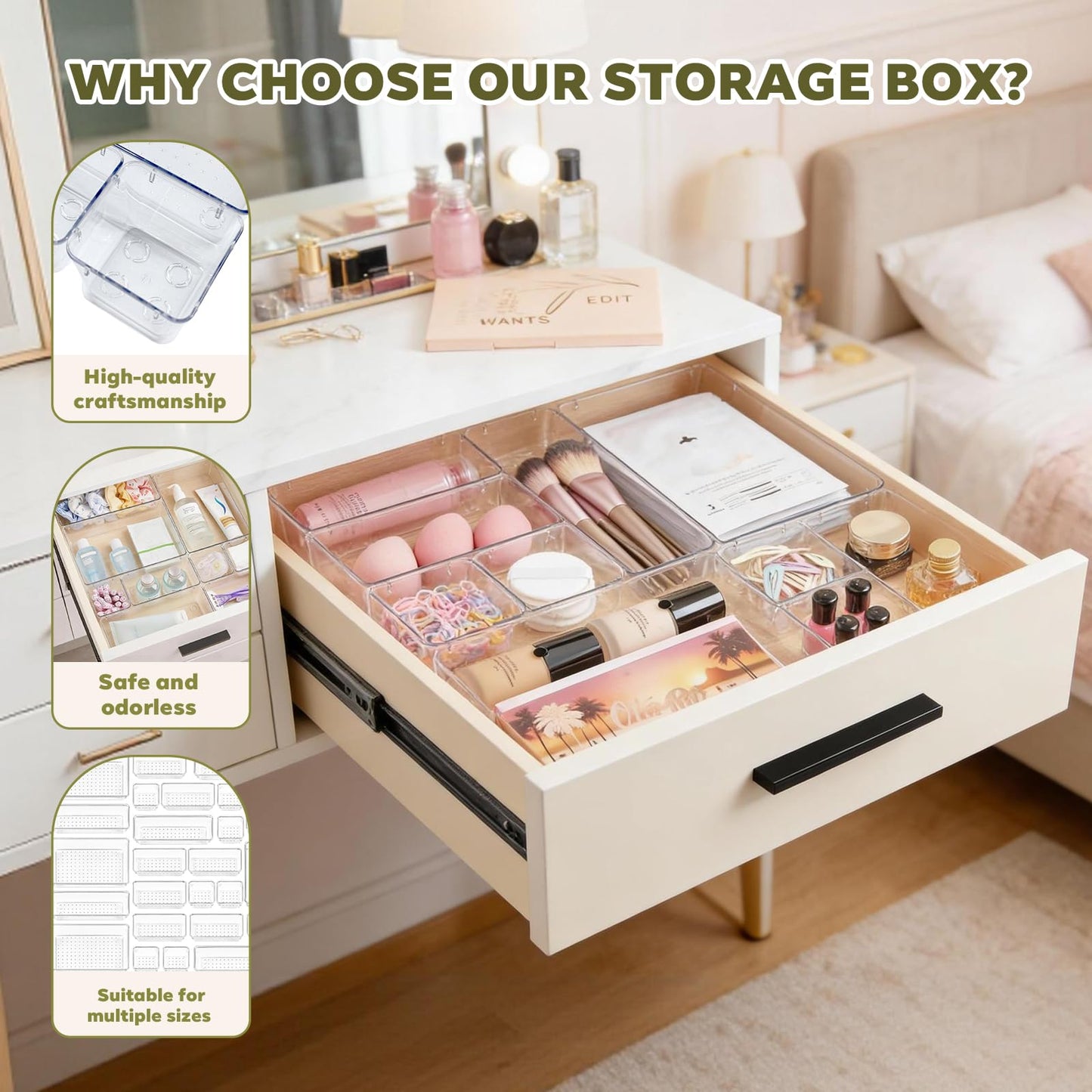 Ribech 12-Piece Drawer Organiser Set, 4 Sizes with 50 Non-Slip Dots, Stackable Storage Boxes for Makeup, Kitchen, Bathroom & Office, Crystal Clear