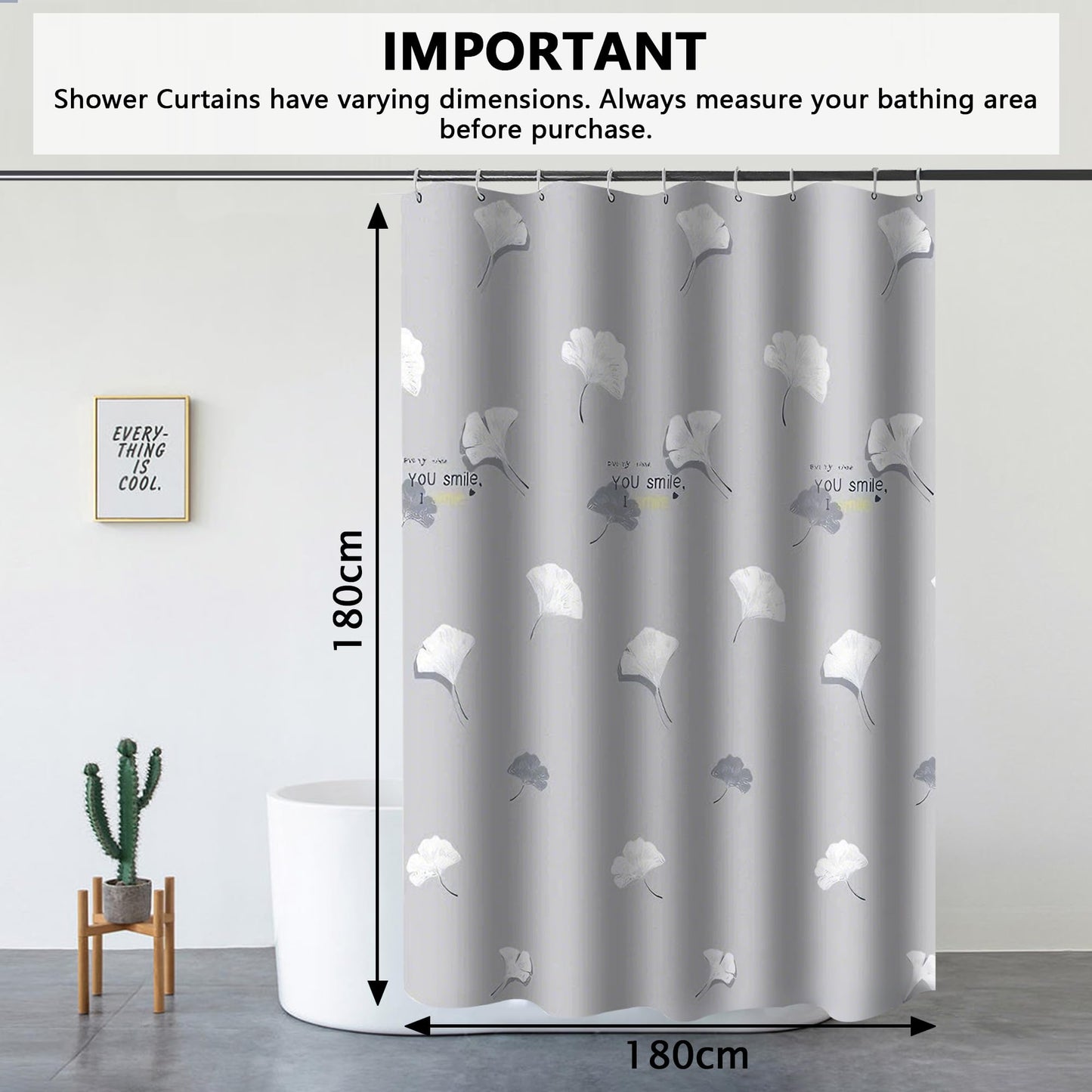 KAIMEIYU Shower Curtain Polyester Bath Curtains Heavy Duty with 12 Hooks Bathroom Curtain Washable Waterproof for Bathtub and Bathroom 180X180CM Grey