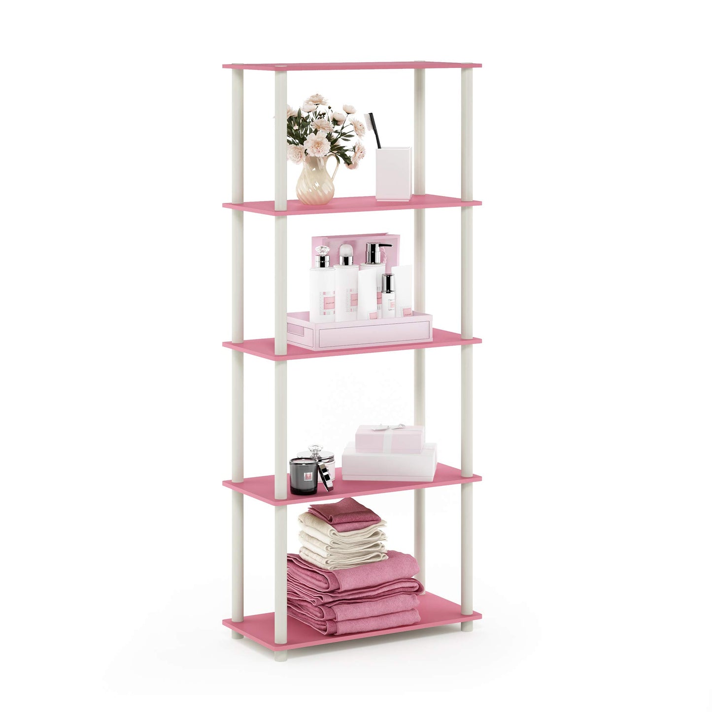 Furinno TURN-N-TUBE Toolless Assembly 5-Tier Storage Shelves, Pink Book Shelf, Open Storage Bookshelf, for Organization and Storage, Living Room