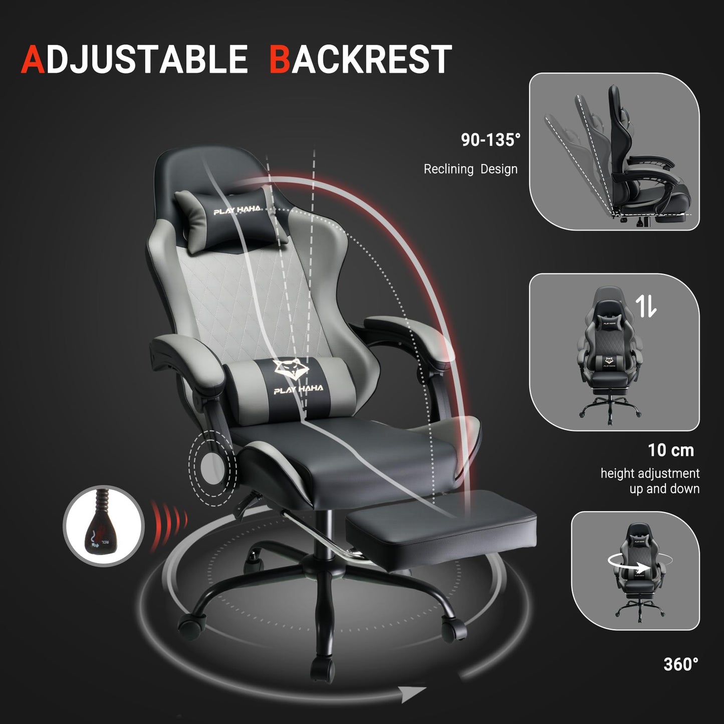 play haha Gaming Chair Ergonomic Reclining Seat With Footrest Adjustable Headrest And Lumbar Cushion High Back Support Padded Armrests Faux Leather