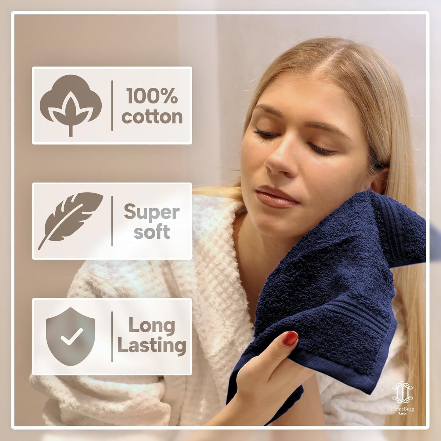HomeBurg Luxe 12-Piece Washcloth Set - 100% Cotton, Soft & Absorbent, Easy Care, Premium Towels for Face & Daily Use, 30 x 30 cm, Navy Blue