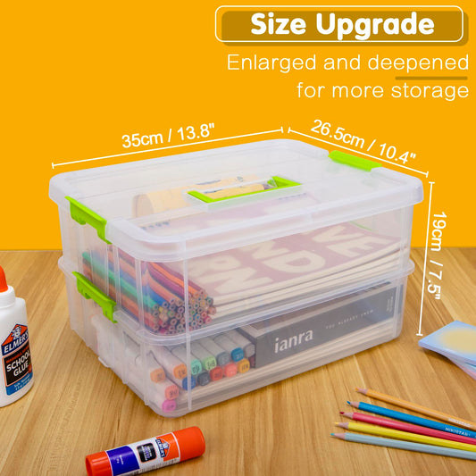Creahaus 2 Layer Plastic Storage Containers with Lids, Multipurpose Clear Stack & Carry Box