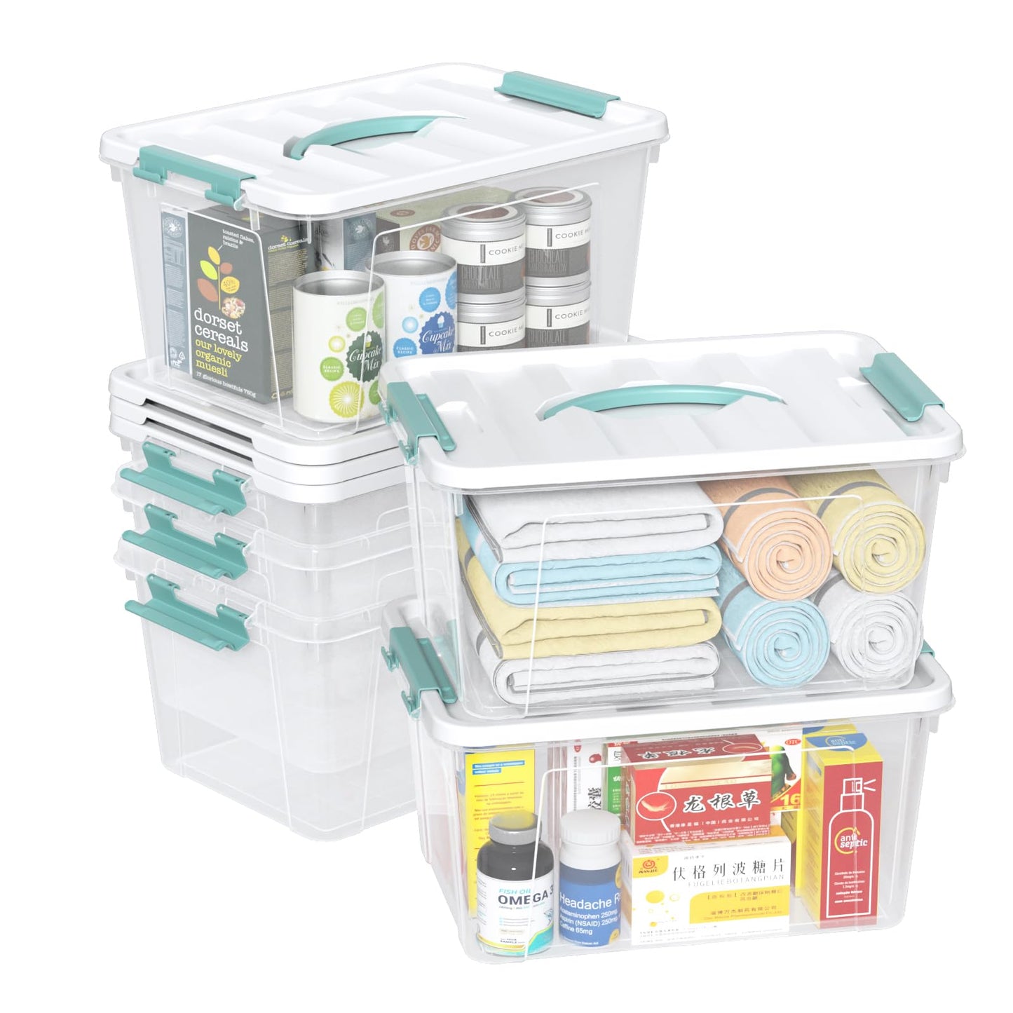 Ysmiltion 6 Litres Clear Plastic Storage Boxes with Lids, 6 Packs, Green