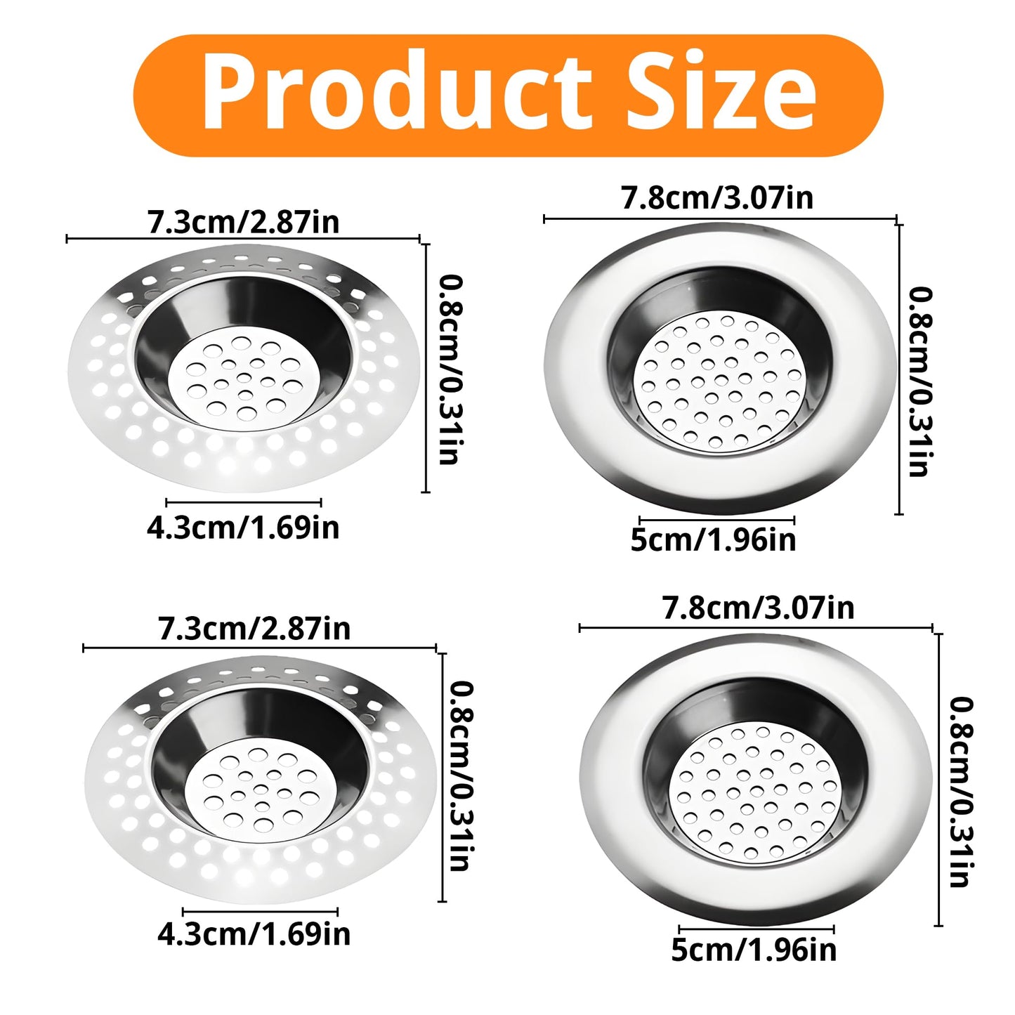 4 PCS Drain Hair Catcher, Stainless Steel Kitchen Sink Strainer Plug Shower Bathroom Plug Hole Sink Filter, Drain Protector Filter(7.3CM, 7.7CM)