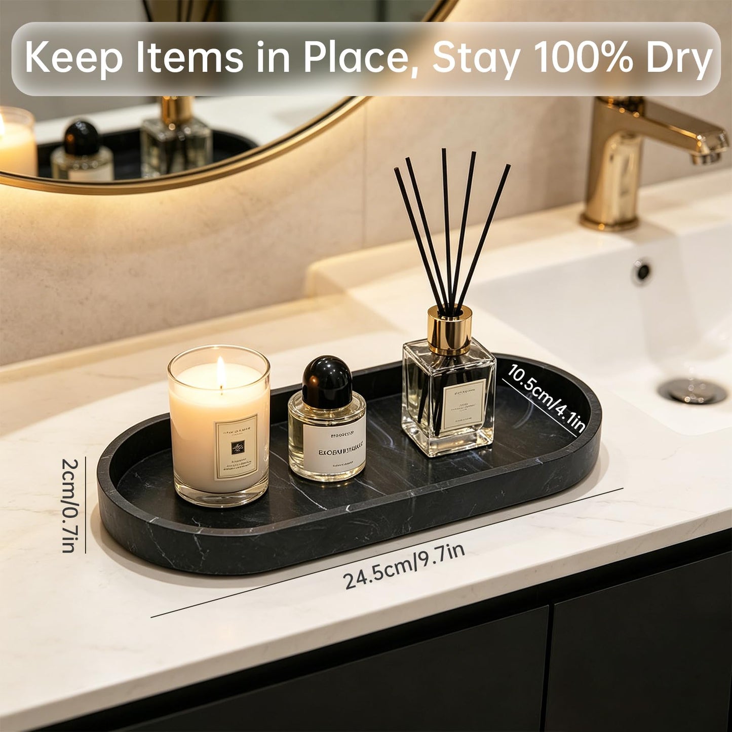 Vanity Tray, Bathroom Tray, Silicone Tray – 2-Piece Oval Marble Storage Tray (25x11x2cm) with Non-Slip Base & Easy-Clean Surface, for Bathroom