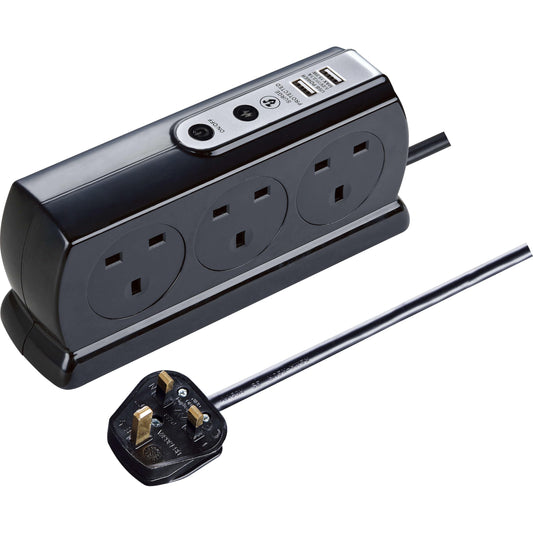 Masterplug Six Socket Switched Inline Power Surge Protected Extension Lead with Two USB Charging Ports, 2 Metres, Gloss Black