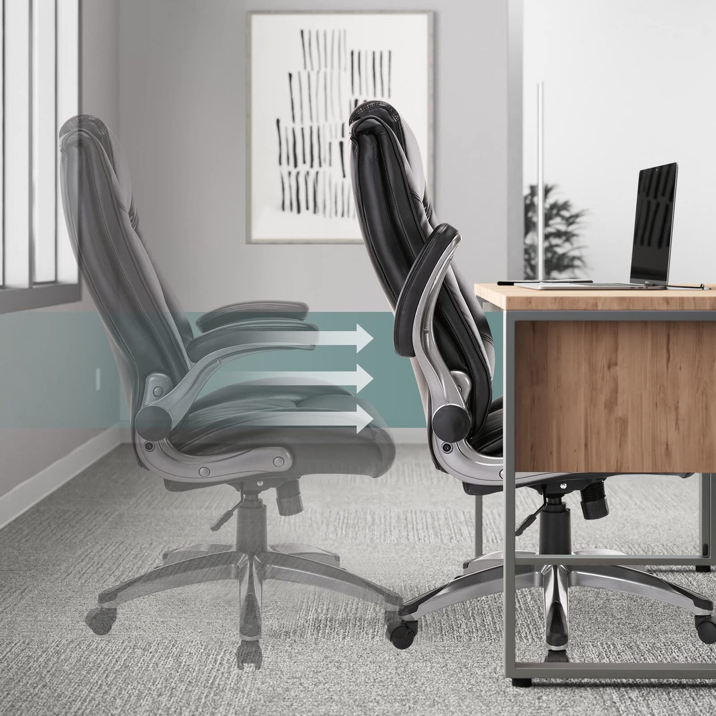 COLAMY Leather Executive Office Chair - High Back Home Computer Desk Chair with Padded Flip-up Arms, Adjustable Tilt Lock