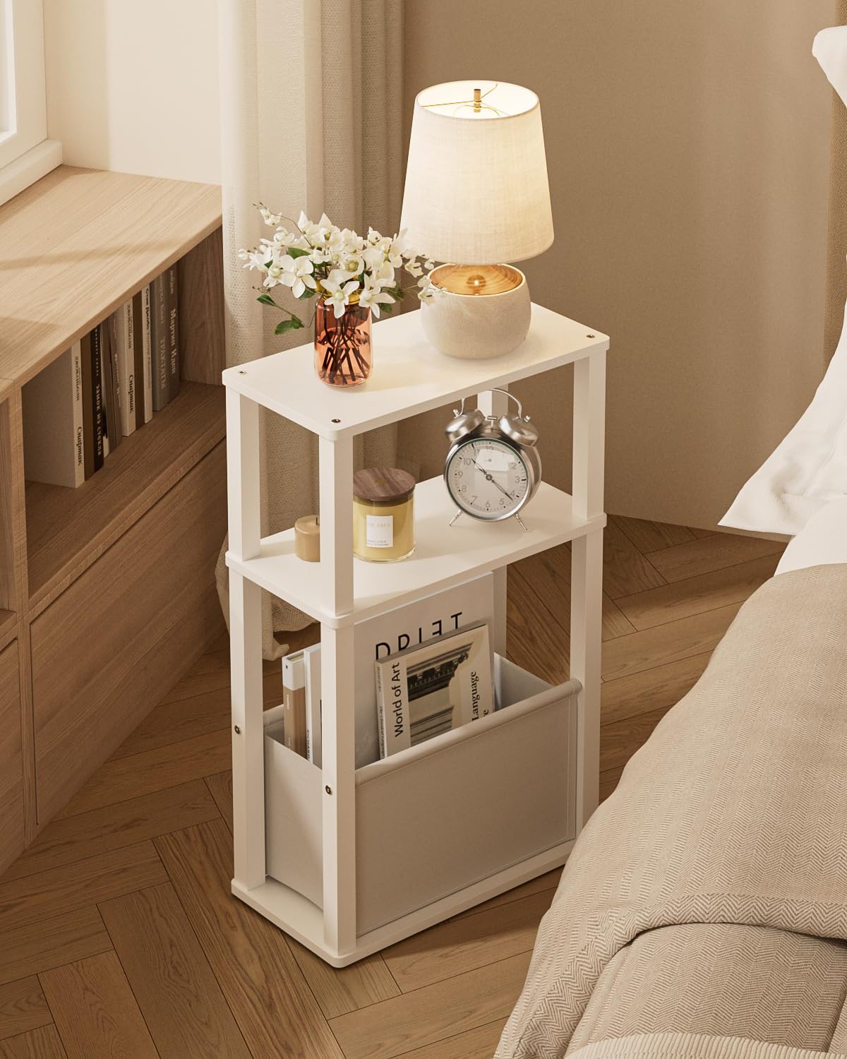 Apetaccat Narrow Side Table for Small Spaces, Slim End Table with Storage Basket, Small Bedside Table for Bedroom