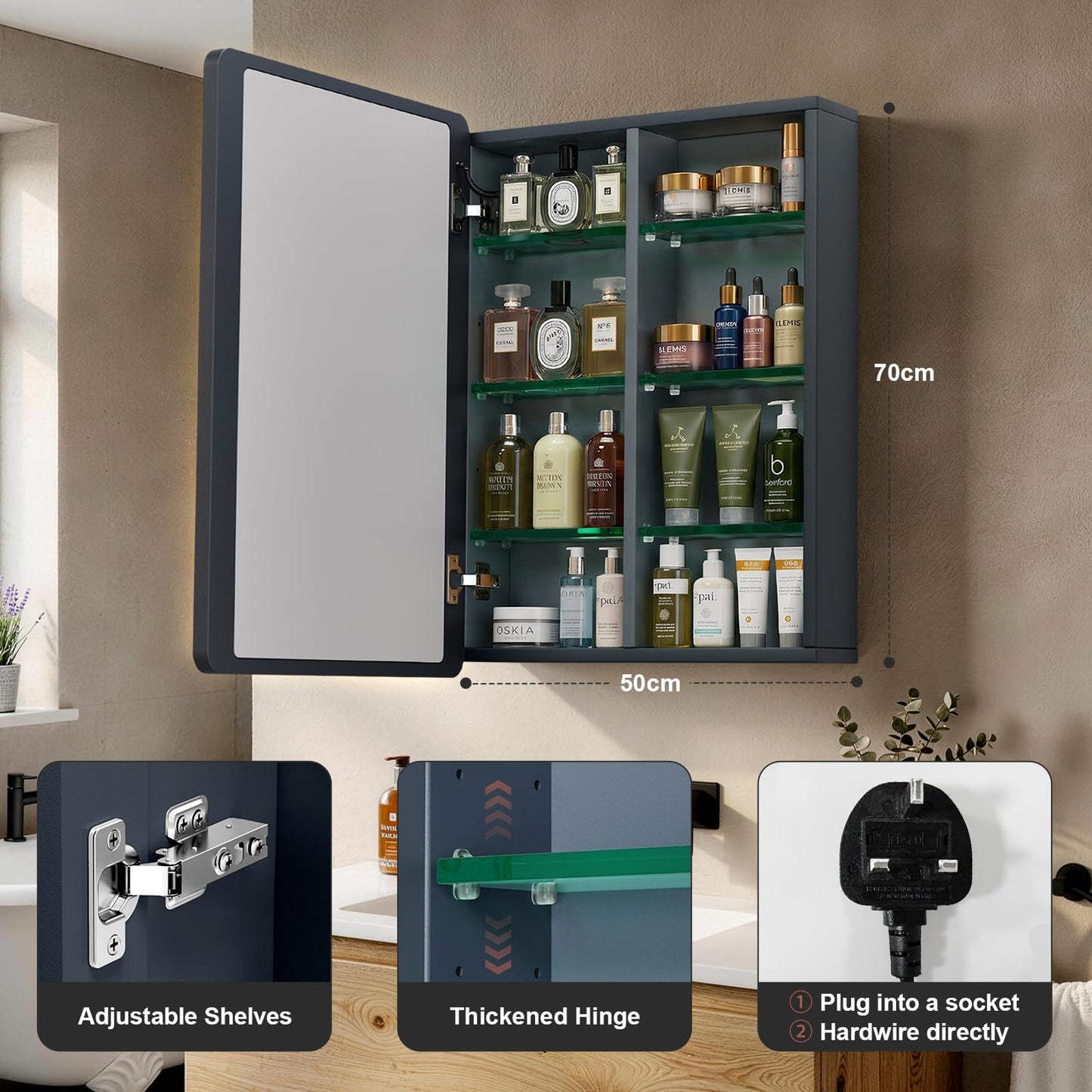70×50cm Aluminum LED Bathroom Mirror Cabinets, 3 Color Light Modes