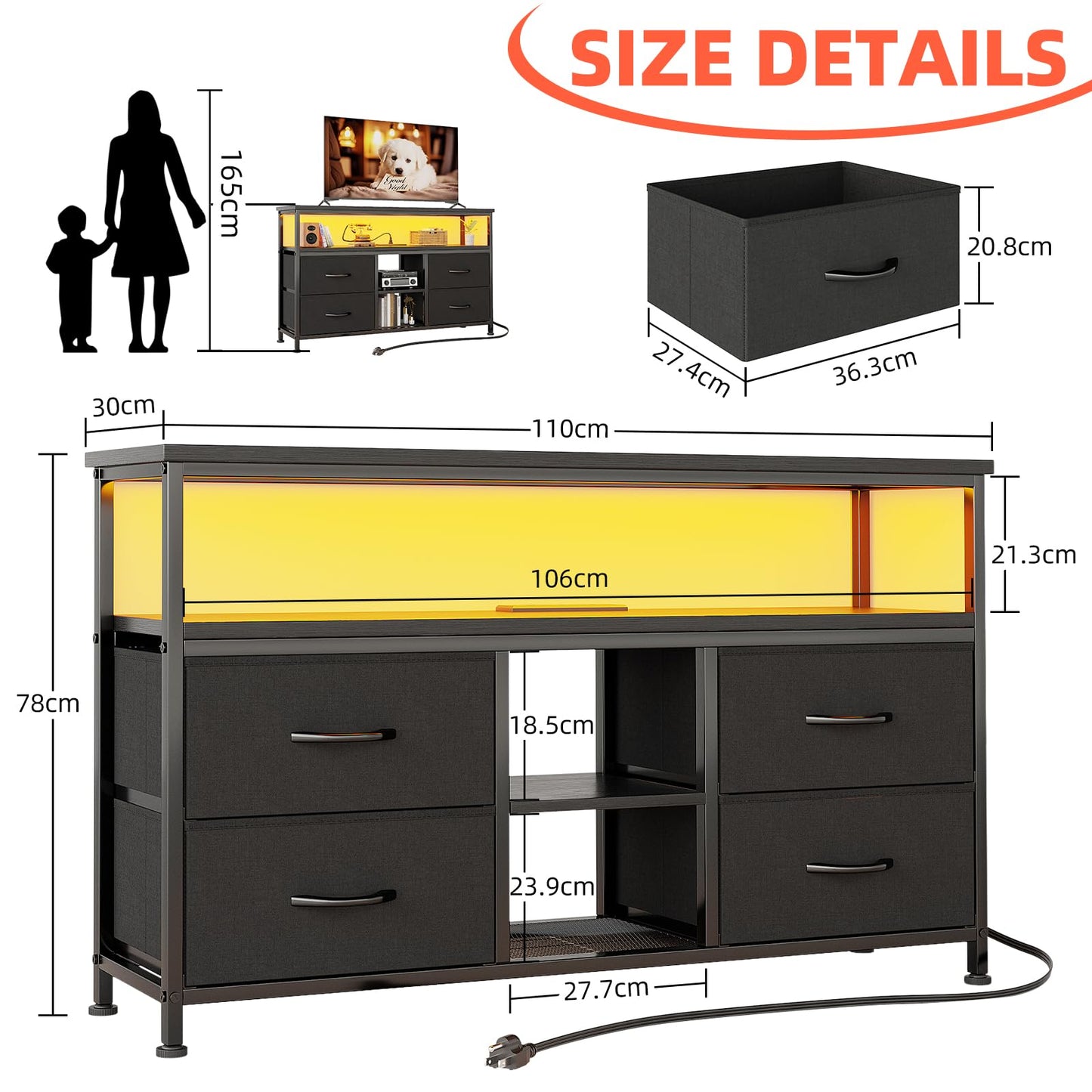VERMESS 110cm TV Stand, TV Cabinet with Power Outlets & LED Light, 4 Fabric Drawers TV Unit for TVs Up to 55 inch