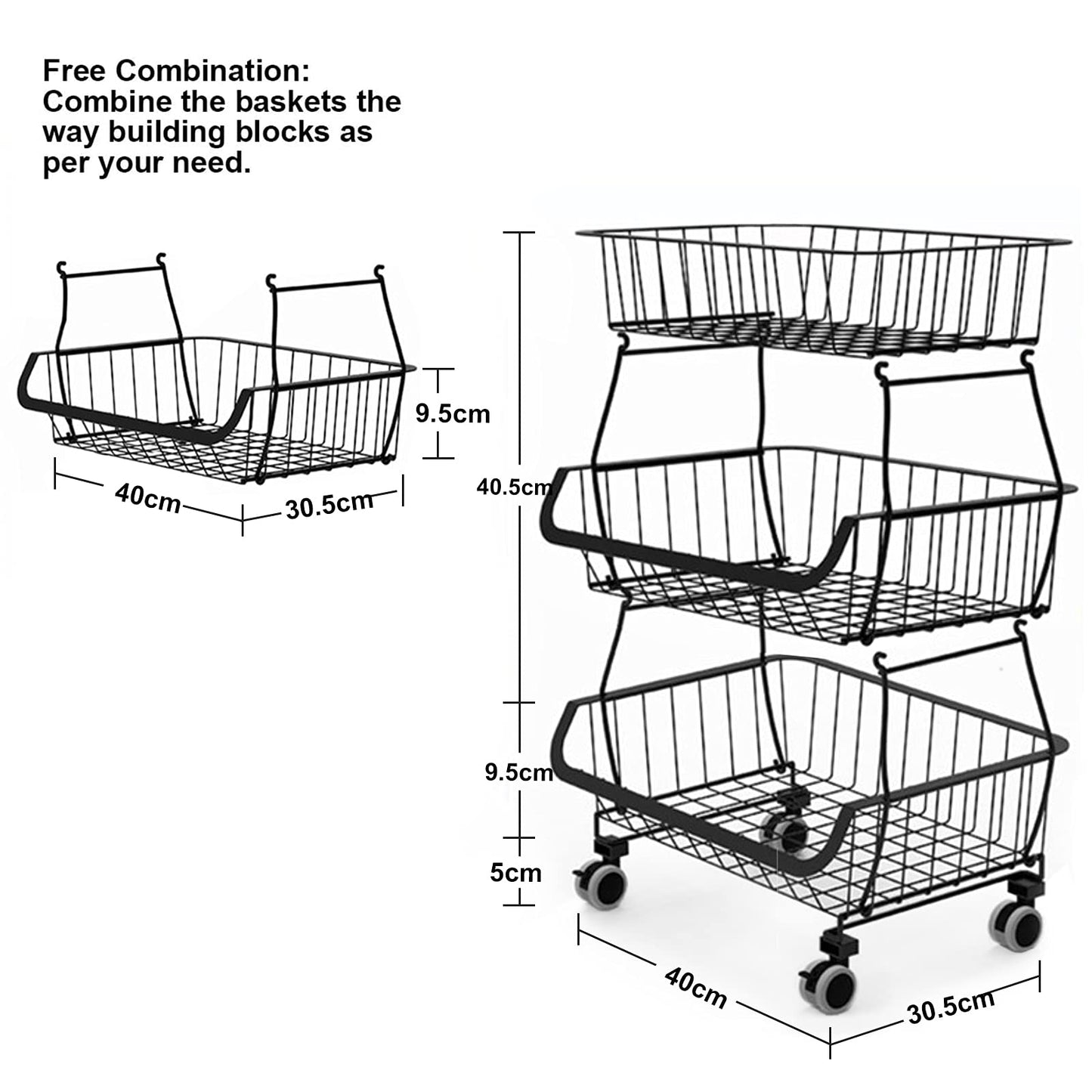 BRIAN & DANY 3 Tier Vegetable Storage Rack, Stackable Fruit Vegetable Stand with Lockable Casters and 5 S-Hooks for Kitchen, Pantry, Bathroom, Garage