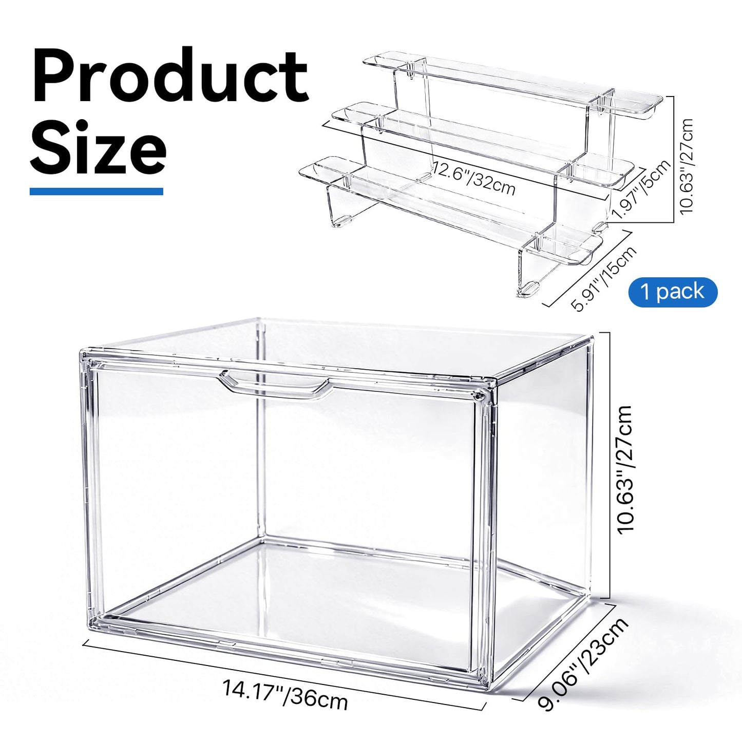 Akamino Acrylic Display Case with Removable 3-Tiered Shelves, 36 x 23 x 27cm Stackable Display Box Dustproof Countertop Cube with Openable Door