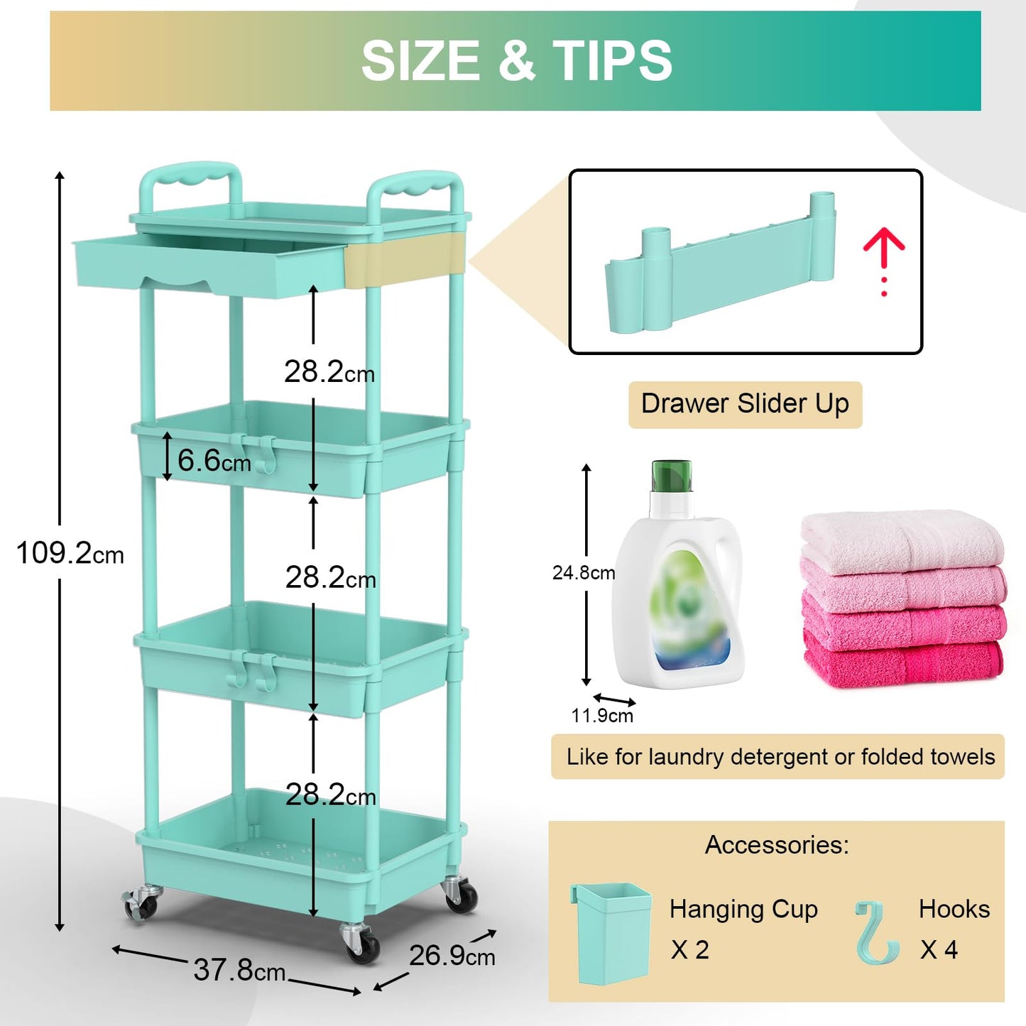 Yeabett 4 Tier Craft Trolley, Storage Trolley On Wheels Utility Cart With Drawer For Kitchen, Bathroom, Office, Living Room, Blue