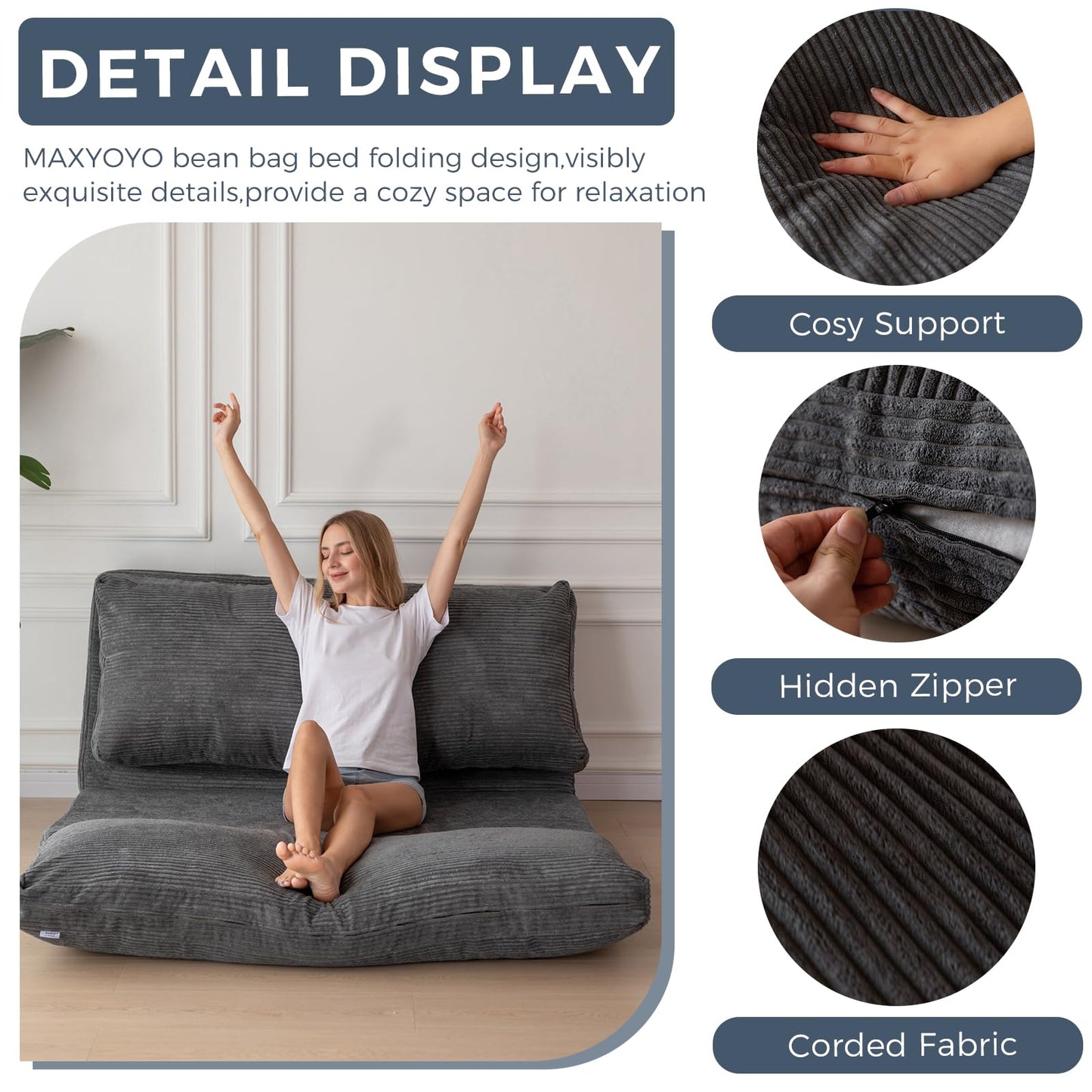 MAXYOYO Folding Corduroy Sofa Bean Bag Bed Chair Foam Filling Extra Thick 4 Fold Floor Couch Matress for Adults