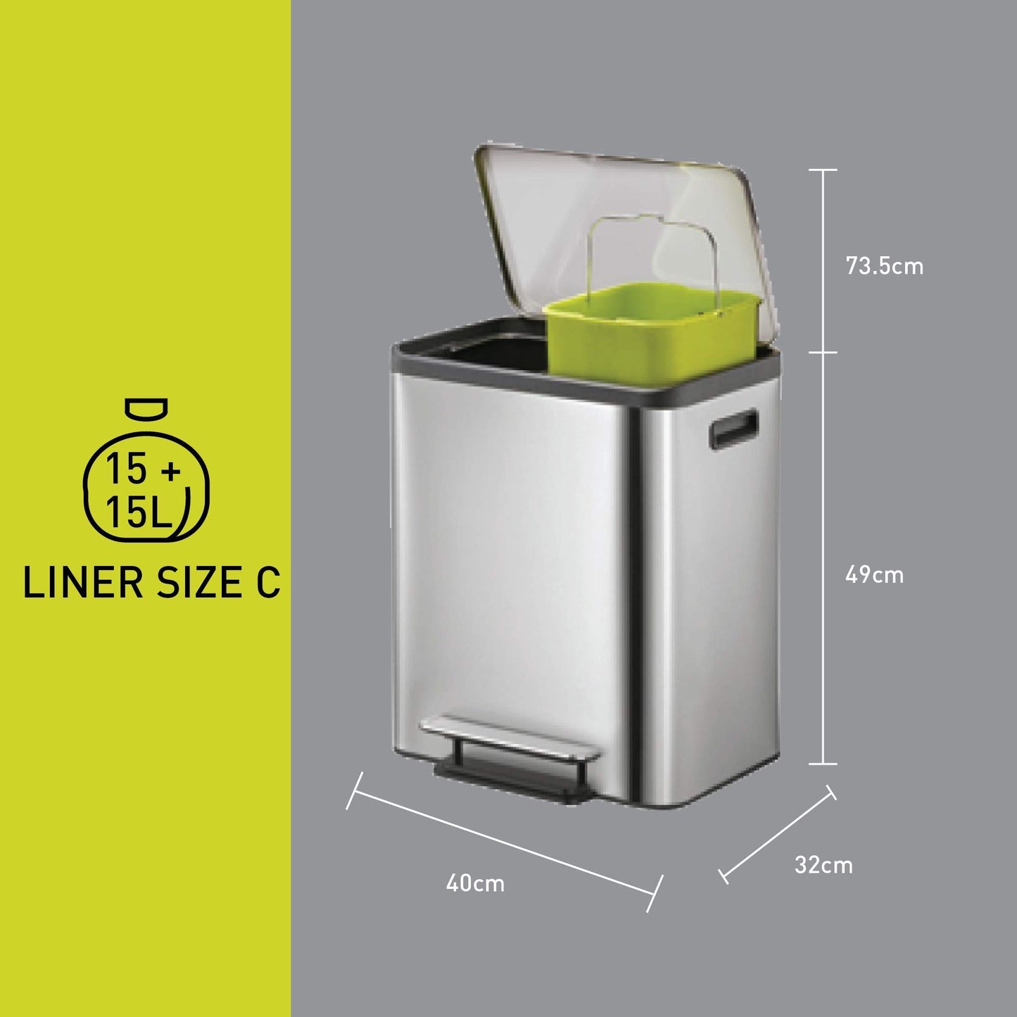 EKO Ecocasa Recycling Kitchen Bin 15+15Litre, Pedal Rubbish Bin with Two Removable Inner Buckets, Perfect for Kitchen & Home, Stainless Steel