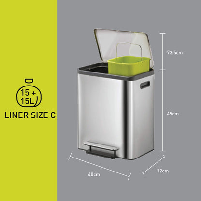 EKO Ecocasa Recycling Kitchen Bin 15+15Litre, Pedal Rubbish Bin with Two Removable Inner Buckets, Perfect for Kitchen & Home, Stainless Steel