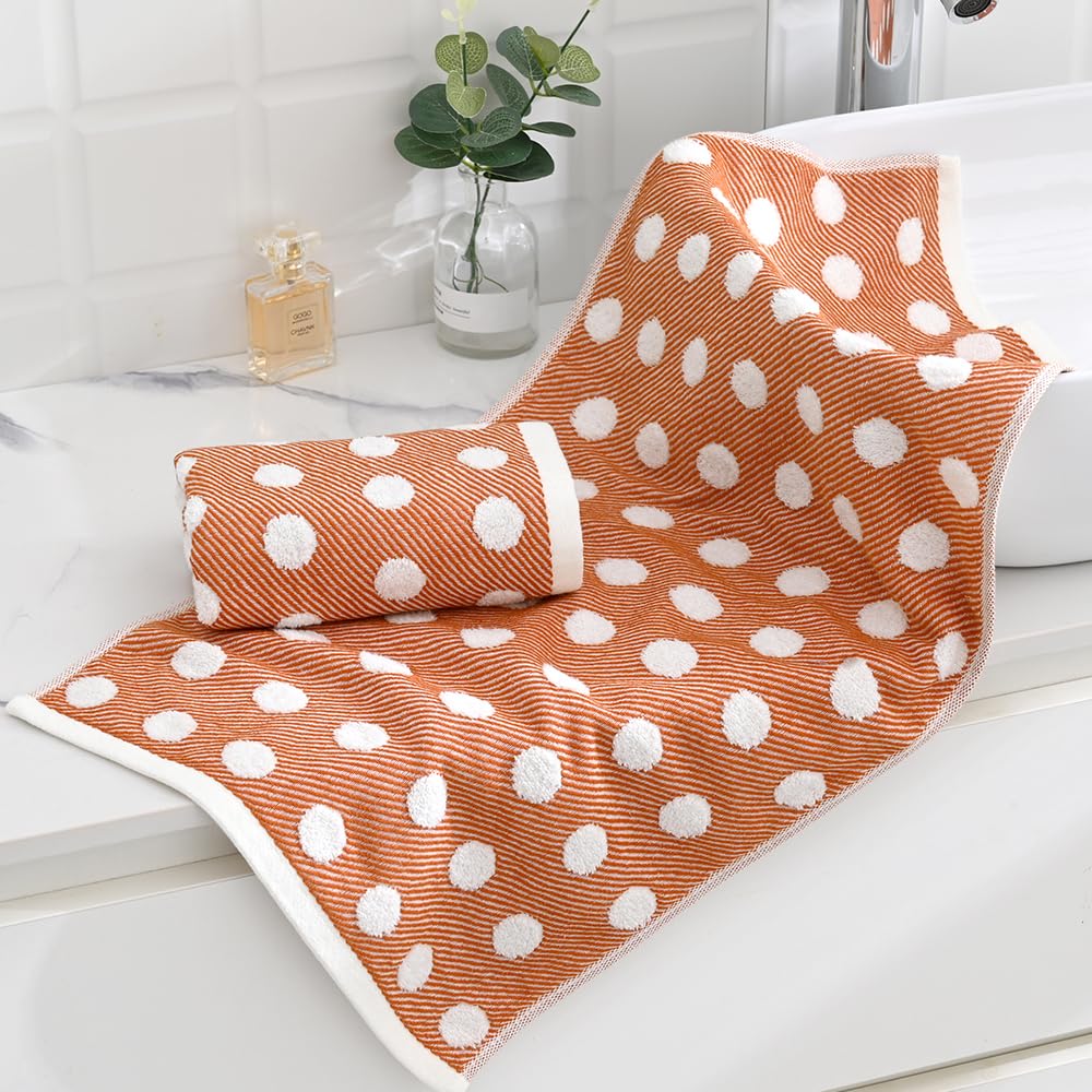 sense gnosis Orange Hand Towel Set of 2 Super Soft 100% Cotton Absorbent Jacquard Striped Pattren Lint Free White Terry Polka Dot Bath Hand Towels