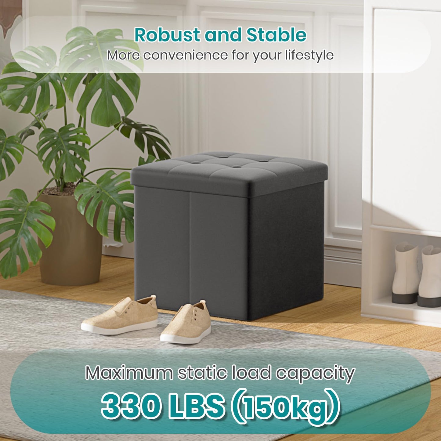 Oak & Tea Storage Ottoman, Foldable Storage Bench, Small Footrest, Cube Storage Unit, 1 Storage Boxes with Lid, Footstool