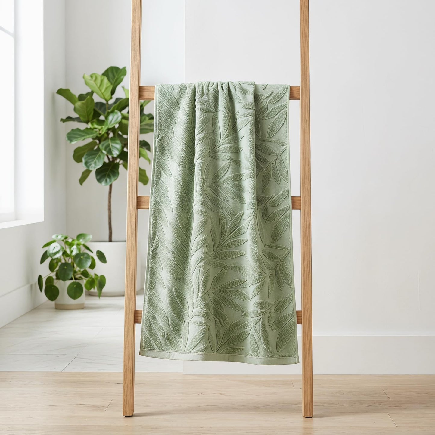 Solvio Premium 100% Cotton Towels Set - Sage Green Leaf Pattern Jacquard Towels - Super Soft and Highly Absorbent Bathroom Accessories for Home and