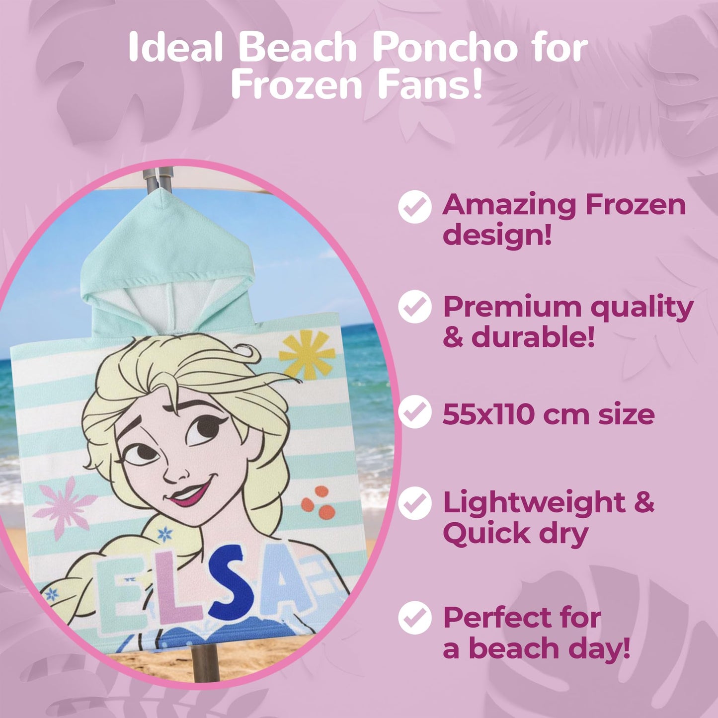 Frozen Beach Poncho | Elsa & Anna | Kids Hooded Towel Cape | 55x110 cm | Blue | Official Disney