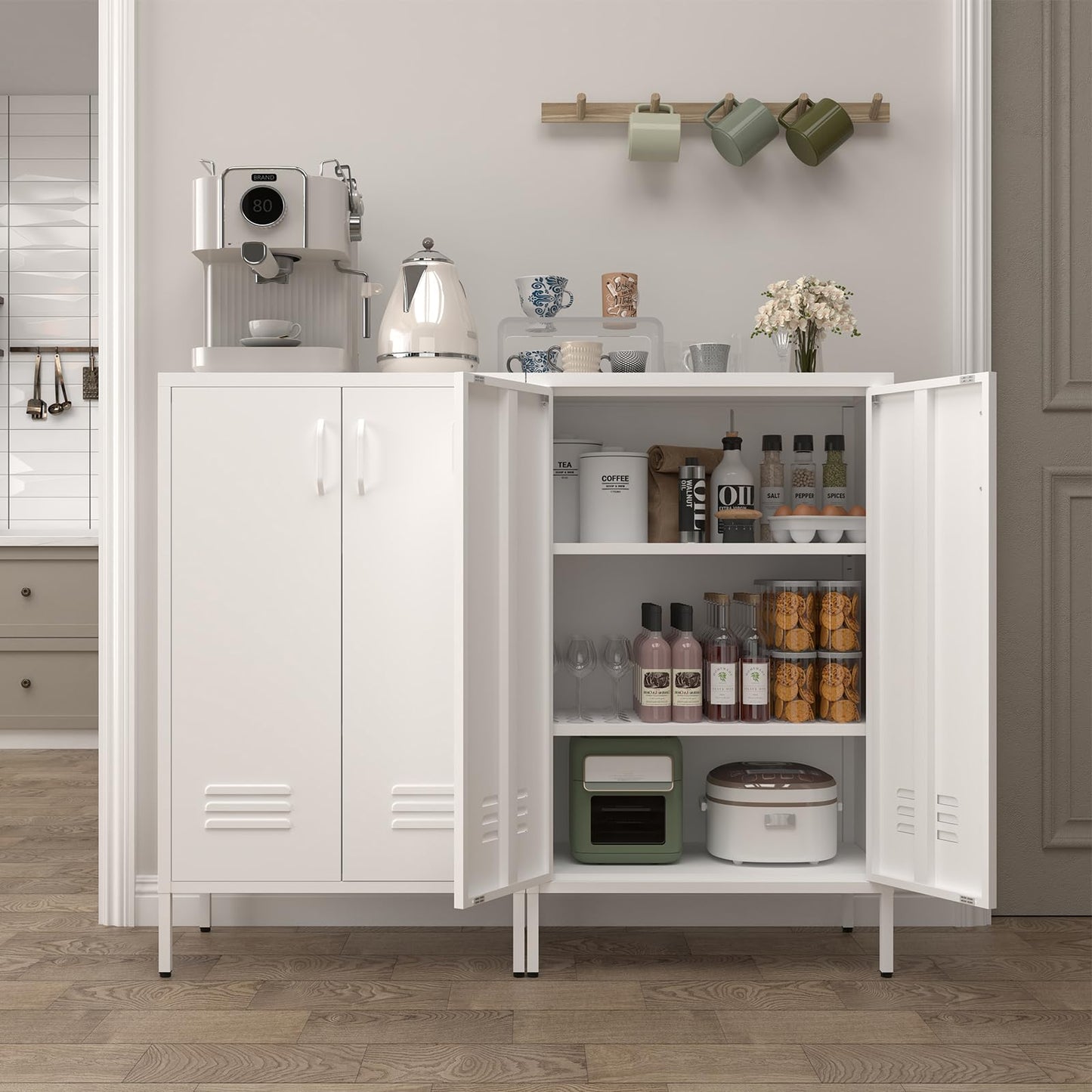 GREATMEET Metal Locker Storage Cabinet, White Accent Storage Cabinet, Metal Pantry Cabinets with Doors,Locker for Living Room,Kitchen,Office