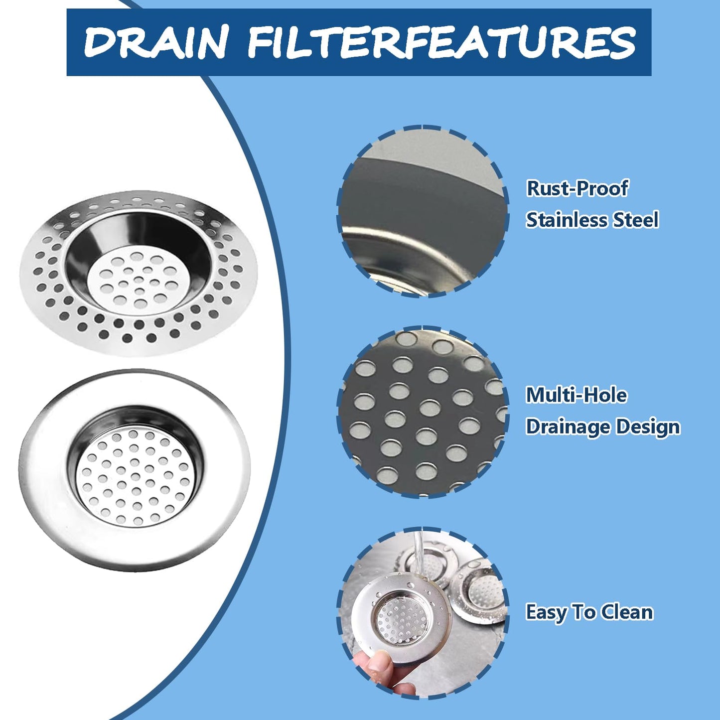 GOTFUN 10Pcs Stainless Steel Kitchen Sink Strainer Plug, Drain Hair Catcher for Shower Drain, Bath Drain Protector, Hair/Food Catcher for Kitchen