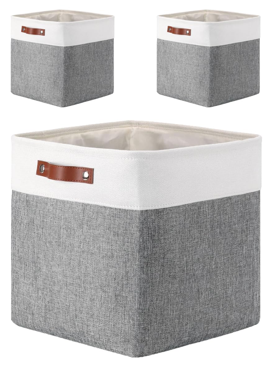 Mangata 25|28|30|33cm Fabric Storage Boxes Cubes, 3 Pack 33x33x33cm, Grey White