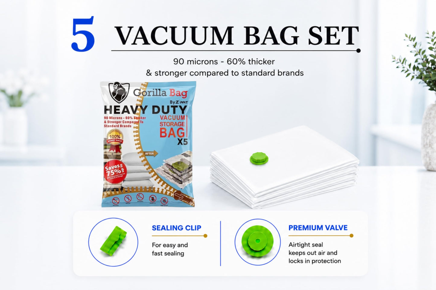 HEAVY DUTY 5 VACUUM STORAGE BAGS by Gorilla Bags, Extra Large 100x80cm. Extra Strong 90 Microns. Double Zip Seal & Unique Turbo Valve Keeps Items
