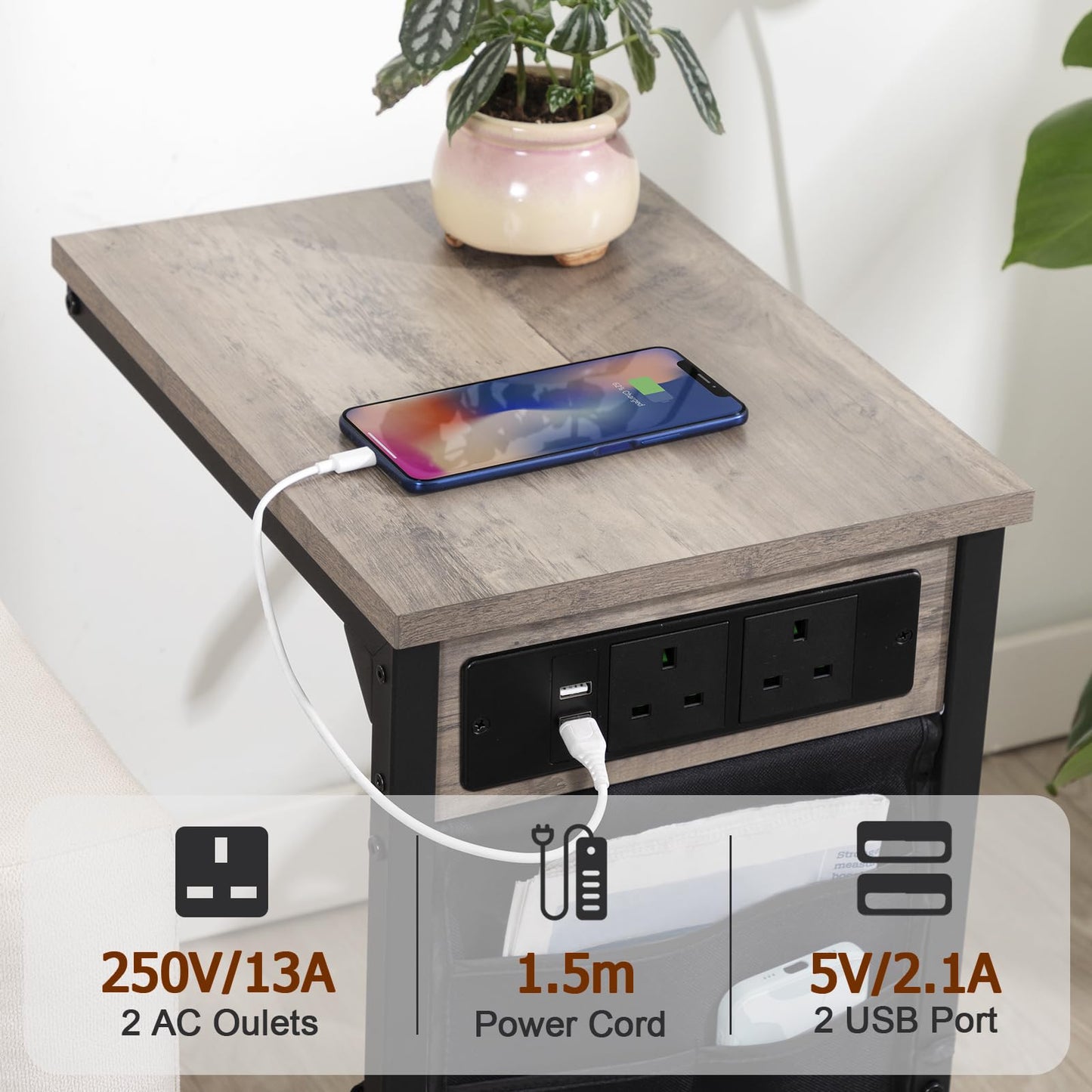 AMHANCIBLE C-Shaped Side Table with Charging Station, Side Table Set of 2