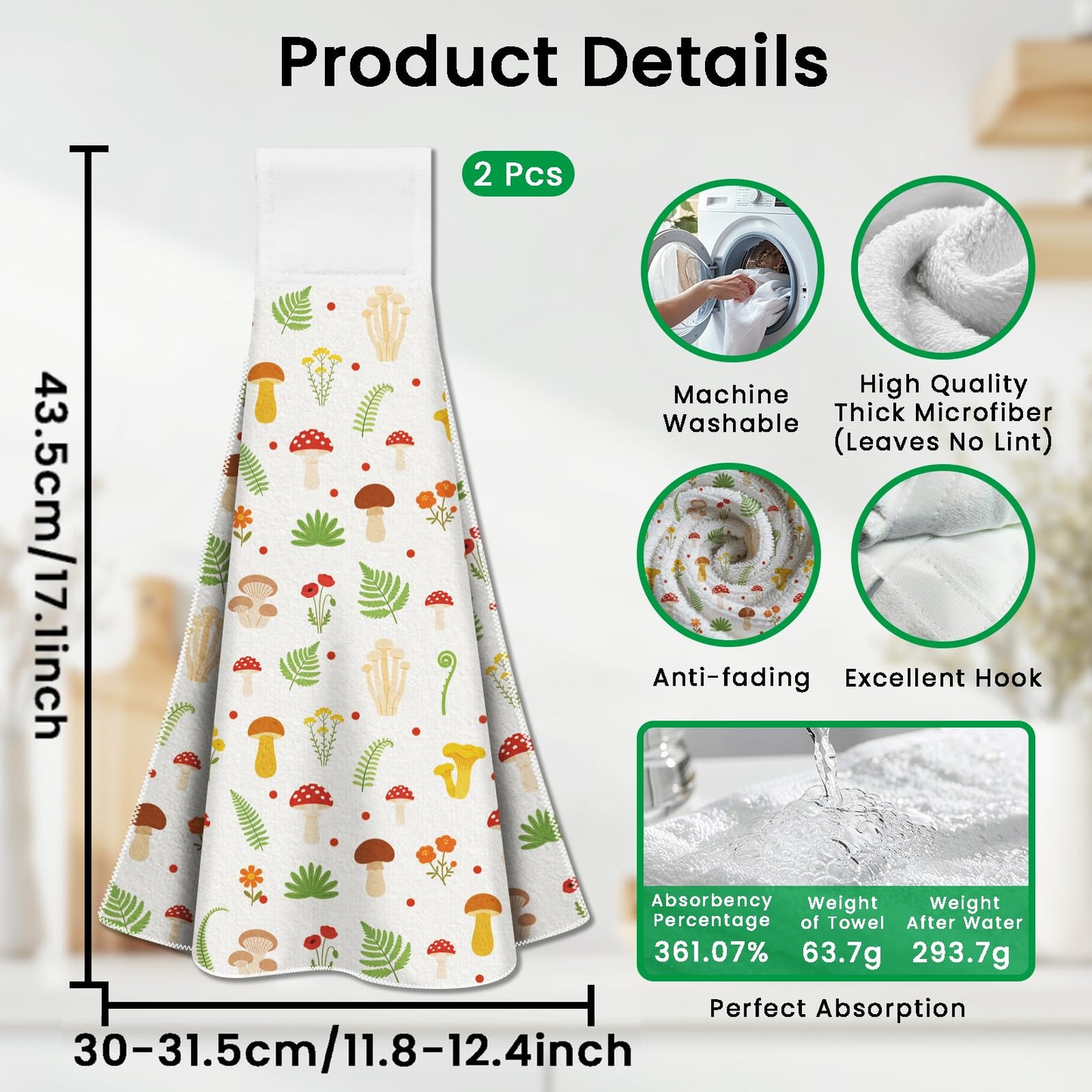 CUTHOLLOW 2 Pcs Simple Fresh Mushroom Hanging Kitchen Towels with Loop