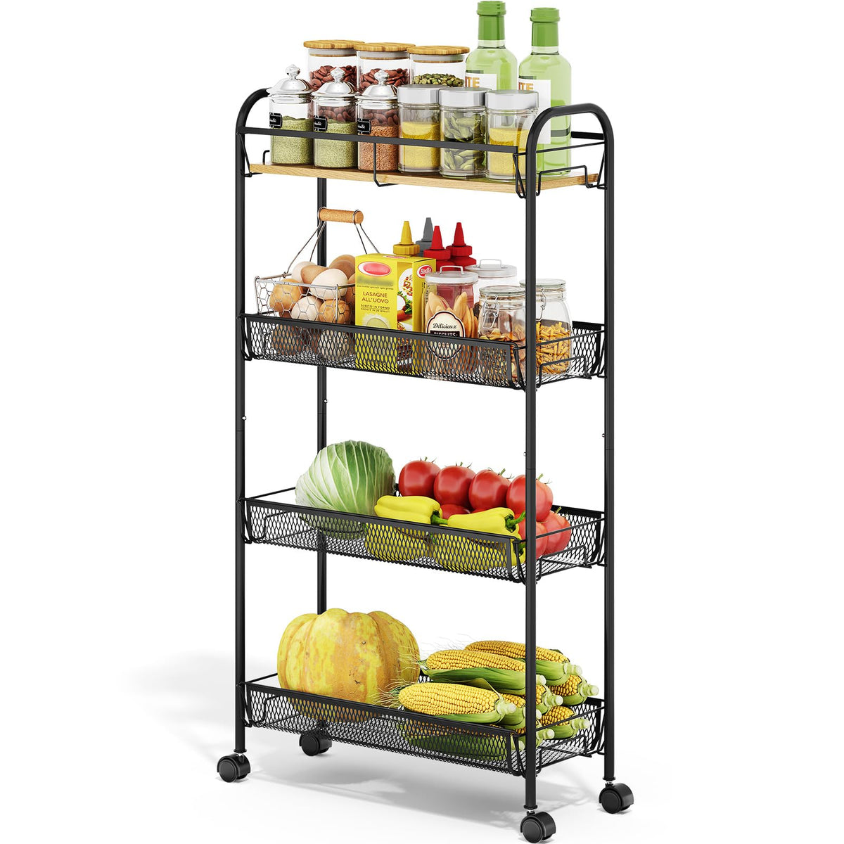 KINGRACK 4-Tier Slim Rolling Cart, Metal Utility Cart, Slide Out Storage Cart with Wooden Tabletop and Mesh Baskets for Narrow Space on Kitchen
