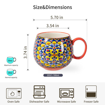HENXFEN LEAD Cappuccino Cups Set, 600ml Porcelain Coffee Cups with Handle, 6 Pack of Porcelain Cups for Tea Coffee Milk Cappuccino with Pattern and