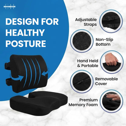 ELIXIR HIVE 2-Piece Orthopaedic Memory Foam Cushion Set – Coccyx & Sciatica Support Black