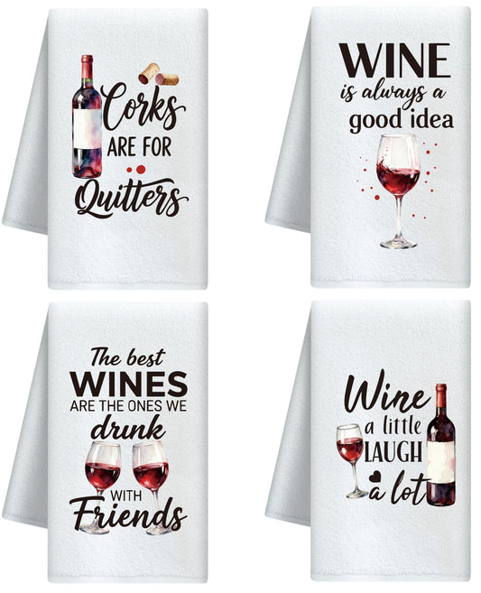 CUTHOLLOW Wine Bottles and Glasses Decorative Kitchen Towels Set of 4, 60x40cm Soft Absorbent Microfiber Dish Towel for Tea Coffee Bar Home, Best Gift
