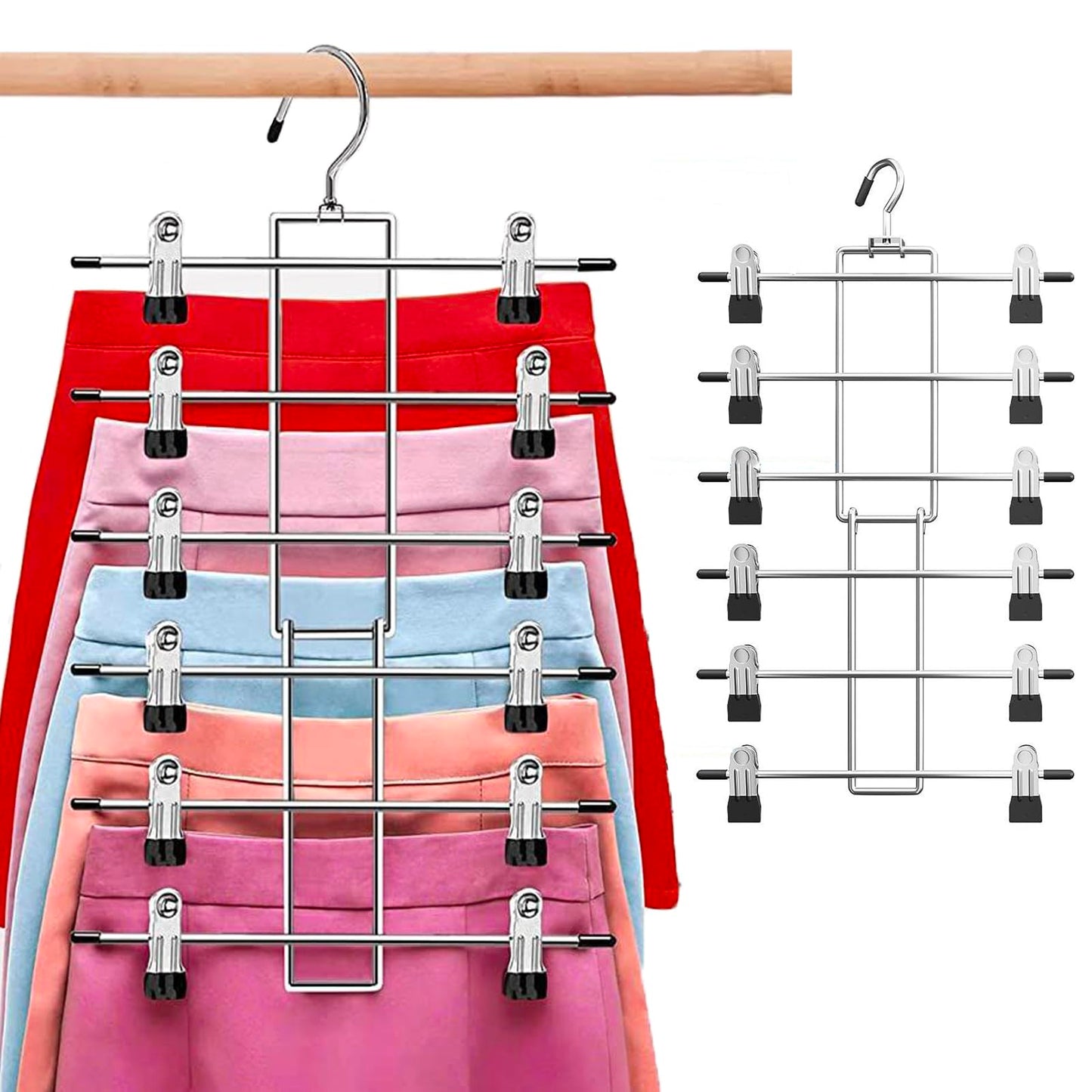 Trouser Hangers Space Saving - 2 Pack Skirt Hangers with Adjustable Non-Slip Clips