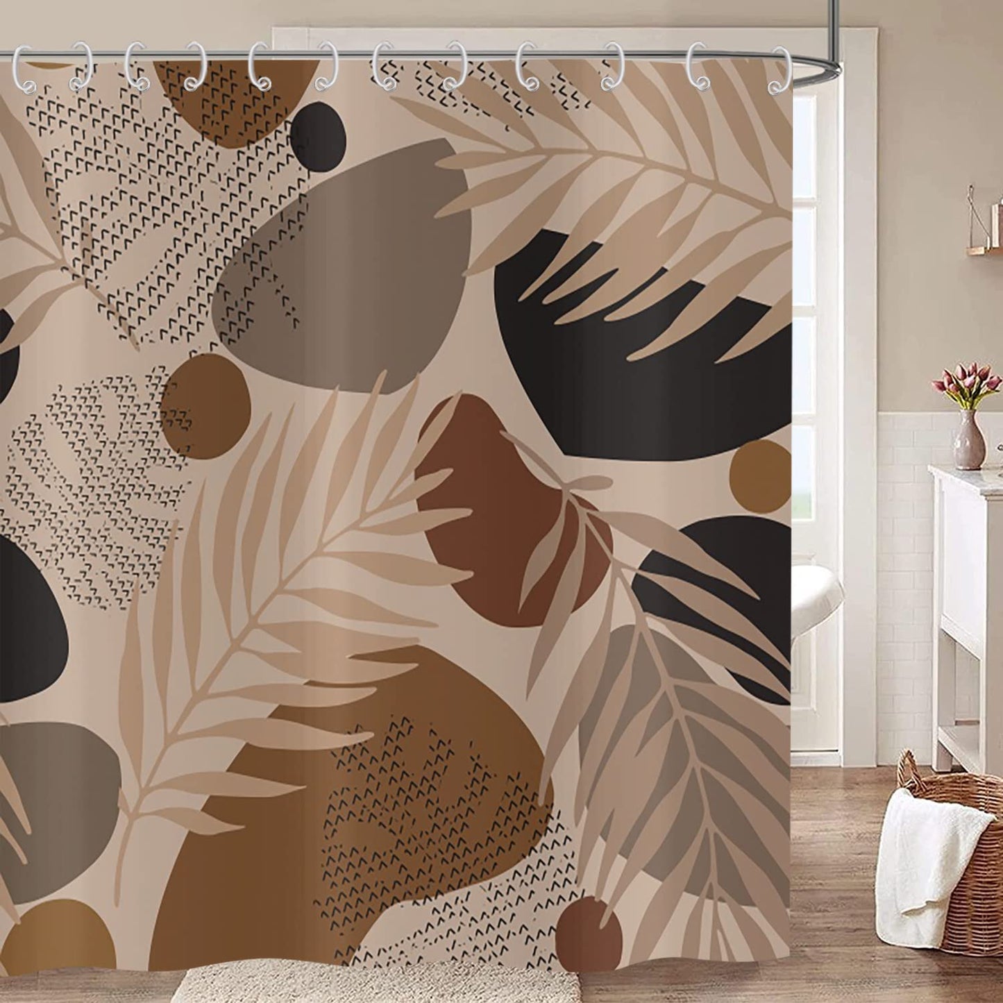 Hnmdmyi Boho Shower Curtain 180x180, Abstract Leaf Plant Brown Bathroom Curtains Mid Century Modern Minimalistic Geometric Aesthetic Art Waterproof